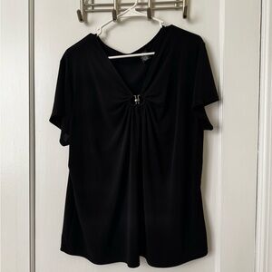 Women's Black Short-Sleeve V-Neck Top with Center Ring Detail